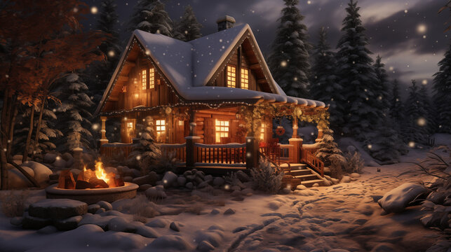 Cozy cabin in a winter wonderland, surrounded by snow-covered trees and a crackling fireplace, radiating warmth and tranquility © ALL YOU NEED