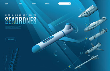 Sea Drones Landing Page of Uncrewed Marine Vehicles. Isometric icons of different types of military surface and underwater unmanned vehicles. Vector illustration on isolated background - obrazy, fototapety, plakaty