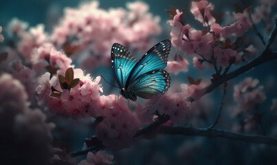 beautiful butterfly is flying near blossoms. Generative AI.