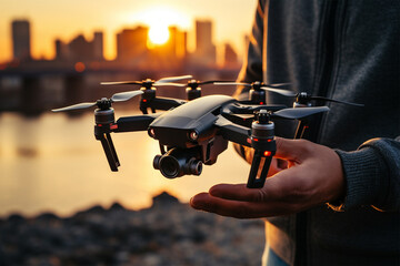 Man operating a drone with remote control. silhouette. Young man piloting a drone in flight with remote controller. Concepts of drone pilot and aerial filming. Focus on man - obrazy, fototapety, plakaty