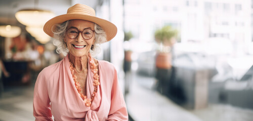 An elegant, older woman in a stylish, contemporary outfit with a sense of self-confidence.