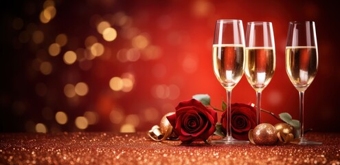 Valentines still life with champagne and red roses