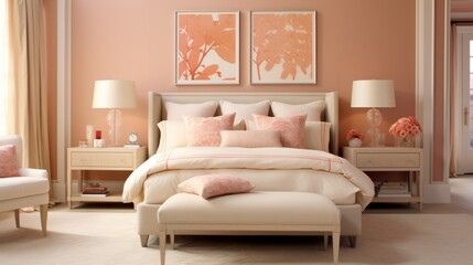 Fototapeta na wymiar Stylish bedroom interior of fashionable Apricot Crush peach-orange color. Bedroom design with a bed, indoor plants, painting