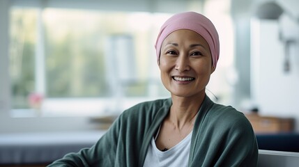 Portrait of the patient woman after chemotherapy female cancer patient wearing head scarf 