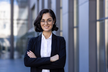 Close-up portrait of a young businesswoman standing outside an office building with her arms crossed over her chest. Confidently and smilingly looking at the camera - obrazy, fototapety, plakaty