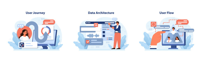Fototapeta na wymiar User Experience set. Delving into user's path, structured data interaction, and interface navigation. User journey mapping, data organization, fluid transitions. Flat vector illustration