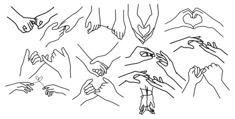 set of line art of two hands holding each other,