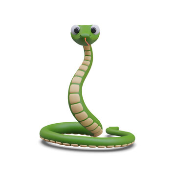 Green snake with textured belly. 3D poisonous reptile with forked tongue. Dangerous creature, python. Vector character in cartoon style. Savage. Color illustration