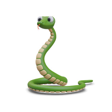 3D snake standing on its tail. Poisonous reptile with large eyes. Vector color illustration. Positive character in children style. Wild nature. Realistic image with shadow