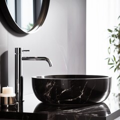 Black marble round basin and chrome faucet in the minimalist interior design of modern bathroom. - obrazy, fototapety, plakaty