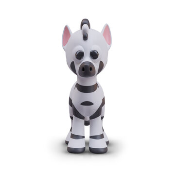 3D toy zebra, front view. Wild striped animal with smiling face. Black and white hoofed creature. Cute vector zebra, template for web design. Color illustration