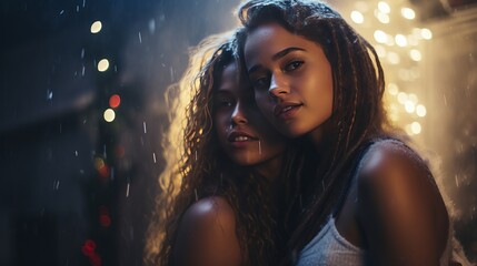 Hugging a couple of lesbian LGBT girls celebrating Christmas, Valentine's Day. LGBTQ couple smiling, hugging, couples of girls