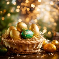 Fototapeta na wymiar Easter eggs in the basket and surrounding. Golden bokeh in the background