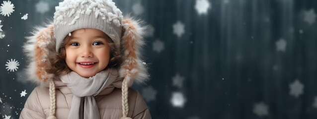 Generative AI image of a Cute child with happy face wearing a warm hat and warm jacket surrounded with snowflakes. Winter holidays concept.