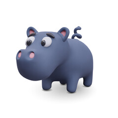Cute hippo. 3D hippopotamus in cartoon style. Toy figurine of wild animal. Colored creature in cartoon style. Isolated vector illustration on white background