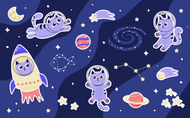 Set of elements clipart stickers character cute cat astronaut in space