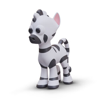Side view on cute zebra. Striped little animal model on white background. African animal. Vector illustration in 3D style with shadow in white and black colors