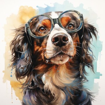 Generative AI image of Dog with glasses double exposure photography watercolor