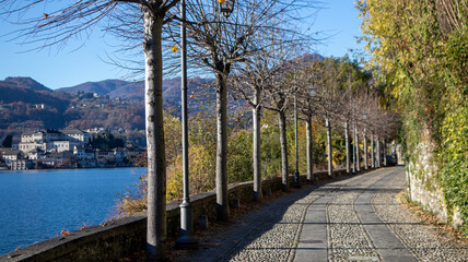 The world famous Orta San Giulio island, in the Orta Lake (piedmont, Northern Italy) seen from the top of Sacro Monte di Orta. UNESCO World Heritage Site