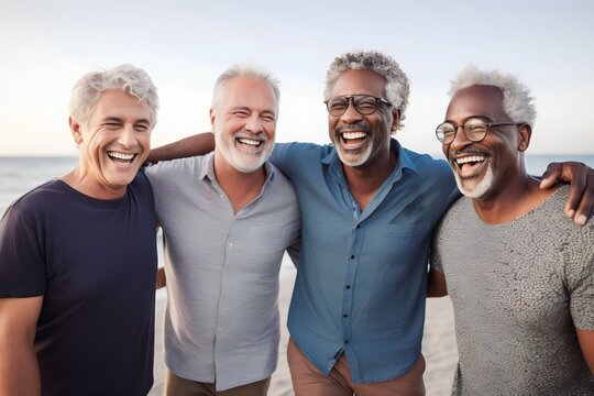 group of senior men walking on the beach happily