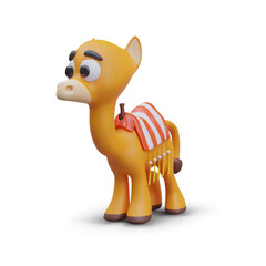 Camel in cartoon style, side view. Saddled domestic pack animal. Striped saddle with tassels. 3D colored camel on white background. Childish vector concept