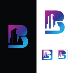 B letter with building shape logo design icon