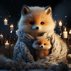 Obraz premium cartoonish fox in a warm scarf, hugging her baby bear