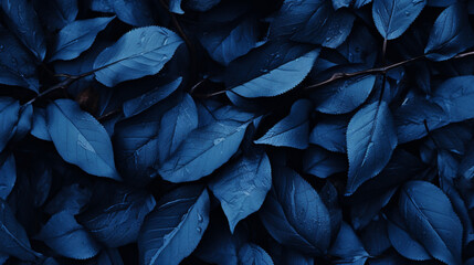blue leaves on black background. Generative AI. - obrazy, fototapety, plakaty