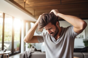 Man With Forgetful Expression Scratches The Back Of His Head In Modern Apartment - obrazy, fototapety, plakaty