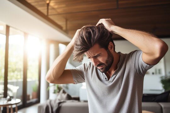 Man With Forgetful Expression Scratches The Back Of His Head In Modern Apartment