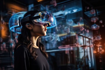 Asian Woman Marveling At Futuristic Holographic Technology Photorealism