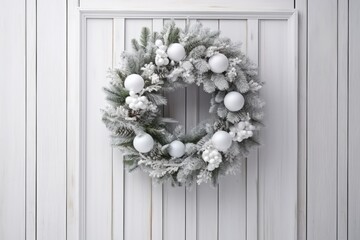 Christmas Wreath Hanging On Elegant White Wooden Door