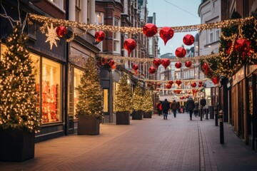 City Street Decorated For Christmas Shopping