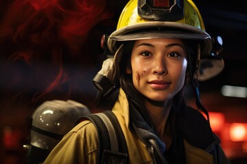 Confident Firefighter Asian Woman, Uniform, Strength, Bravery Photorealism