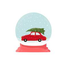Piękna śnieżna kula, a w niej czerwony samochodzie wiozący choinkę na święta. Klimatyczna ilustracja świąteczna. - obrazy, fototapety, plakaty