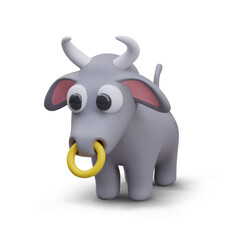 Side view on bull on white background. Realistic animal with nose ring. Cute toy for online farm game. Vector illustration in 3D style with gray object
