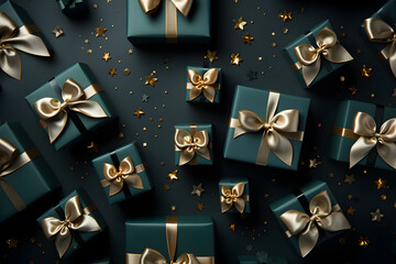 Green gifts with golden bows and ribbon, view from above