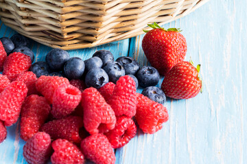 Fresh organic blueberries and raspberries. Blueberry and raspberry.Healthy eating,diet concept
