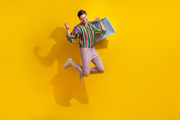 Full body size photo of man celebrate bought last piece clothes off price jumping winner with...