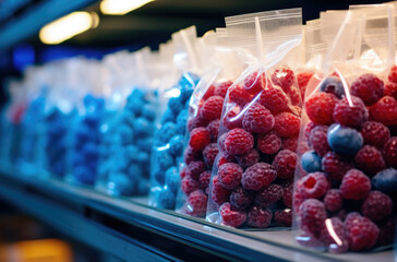 Frozen berries in plastic bags in the freezer. Open deep freeze filled with frozen berries.