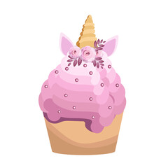 Cupcake decorated with unicorn and flowers, isolated on white background.Vector illustration of dessert for bakeries, textiles, birthday designs.