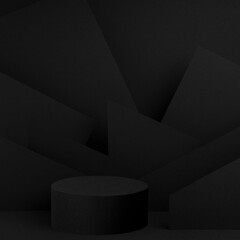 Abstract one black round podium with geometric pattern on wall for cosmetic products, mockup on black background. Black stage template in futuristic style for showing products, advertising, design.