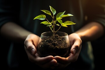 Human hands holding sprout young plant. environment Earth Day In the hands of trees growing seedlings