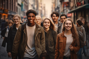 Group of young happy friends walking in the street of the city. Smiling students laughing and having fun togethers - Powered by Adobe