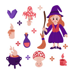 Cute young witch and related magical items. Vector funny character with mushrooms and cauldron in flat cartoon style. Perfect for printout, stickers, prints, patterns