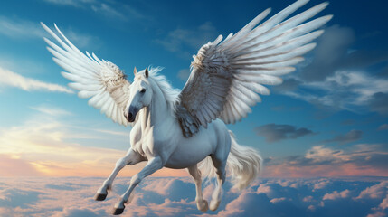 white horse with wings in the sky. Generative AI.