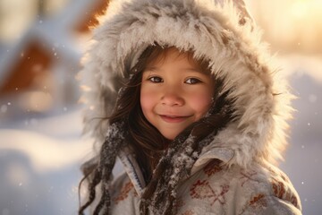 Joyful Inuit Native American Child Smiling On Winter Day Photorealism