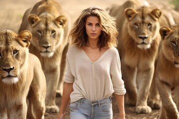 Odd One Out Young Woman Stands Among Lions As Lioness - obrazy, fototapety, plakaty