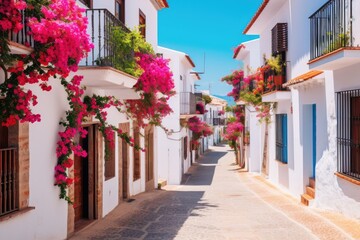 Fototapeta na wymiar Picturesque Street In Spanish Town With Whitewashed Houses