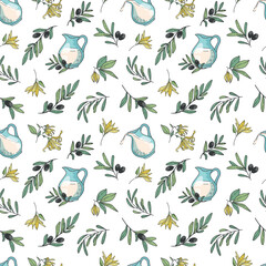 Seamless vector pattern with milk jug, olive branches, ylang-ylang flowers. Botanical ornament